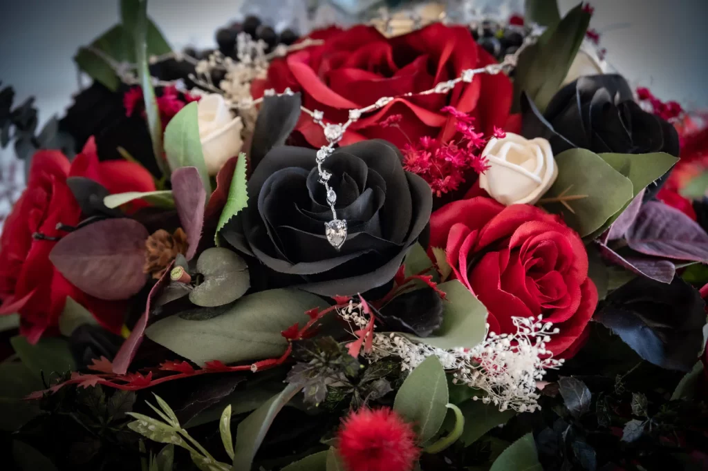 Wedding bouquet necklace closeup