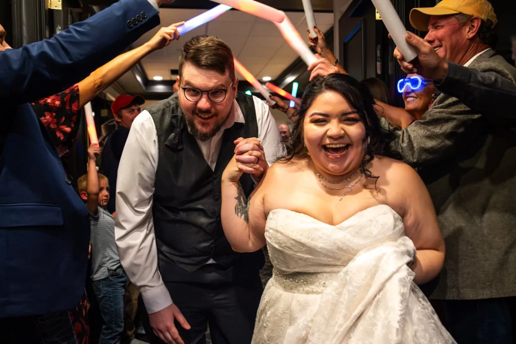 Bride and groom fun send-off idea with lights