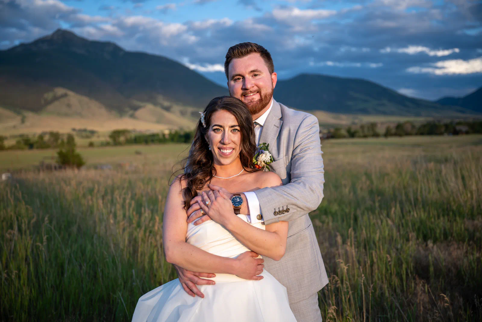 Wedding couple portrait with Absaroka Mountains at Yellowstone Valley Lodge, Livingston, Montana